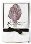a tea towel with a beautiful image of an artichoke;
